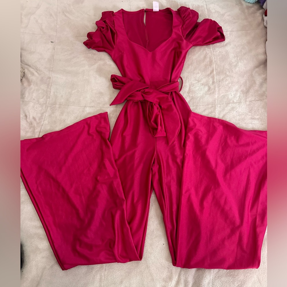 Chic Pink Jumpsuit with Cap Sleeves and Wide-Leg Pants